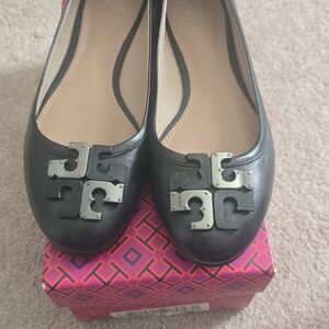Tory Burch Black Flats with Silver Logo